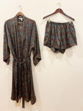 Vintage Addiction Silk Pajama Set Mens Extra Large Robe Shorts Paisley Belted